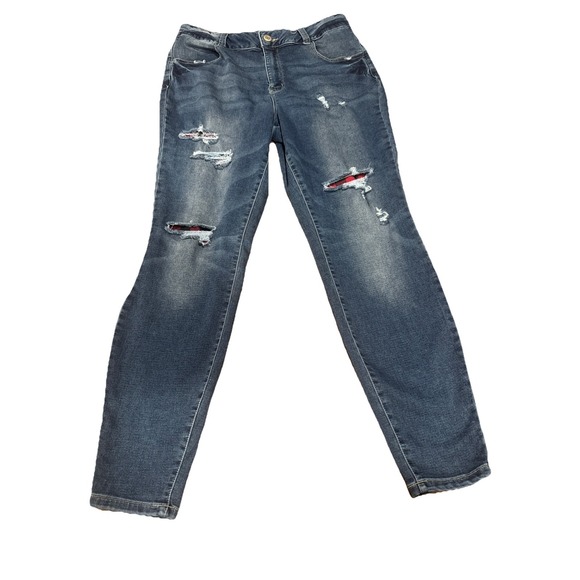 Maurices Denim - Maurices M Jeans Womens L Reg High Rise Skinny Distressed Blue Plaid Patch Denim